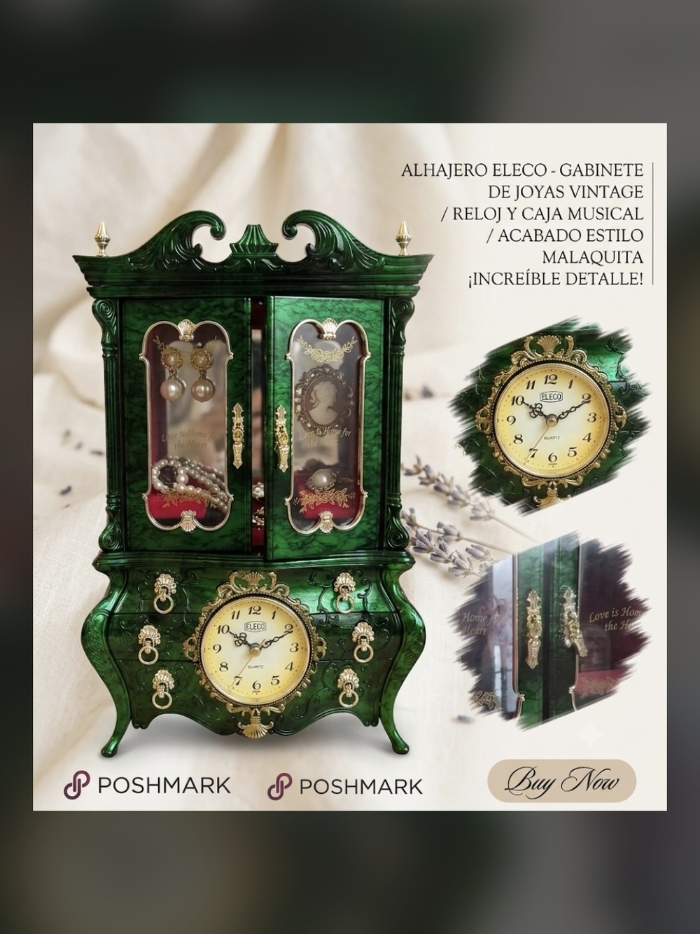Vintage-Style Green Malachite Wall Jewelry Cabinet Clock by